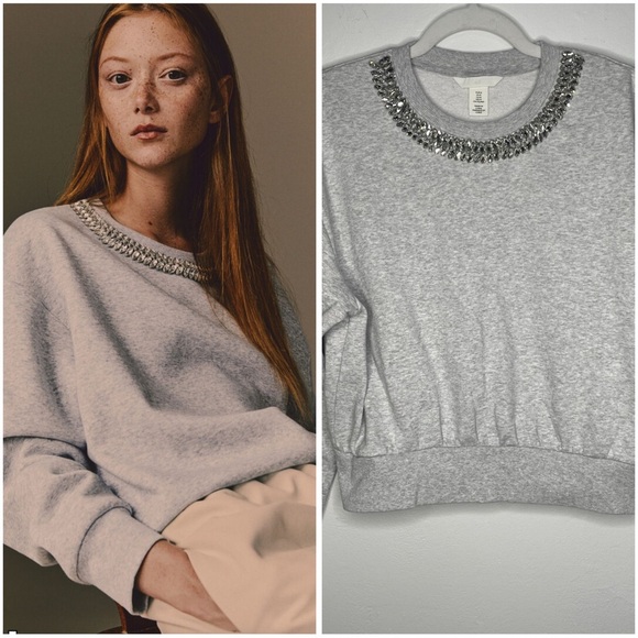 H&M Rhinestone Embellishments Bling Bling Gray Sweatshirt M - Picture 1 of 11